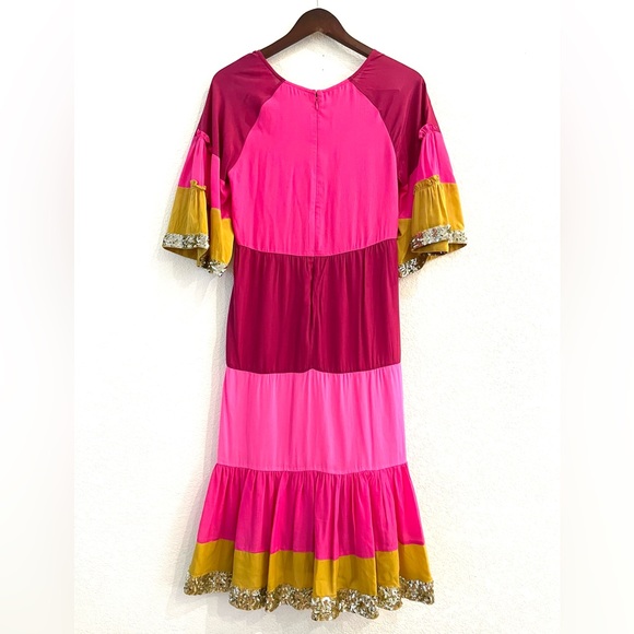 NWT Figue Silk Crepe Colorblock Gold Sequin Trim Midi Dress Bohemian Gypsy - Picture 10 of 16